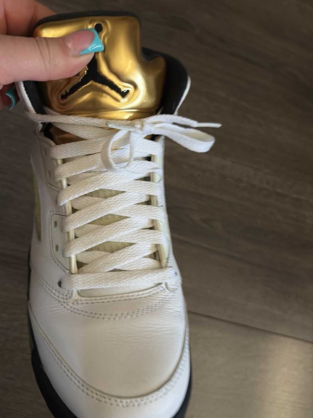 Jordan White Leather Sneaker with Metallic Gold Tongue